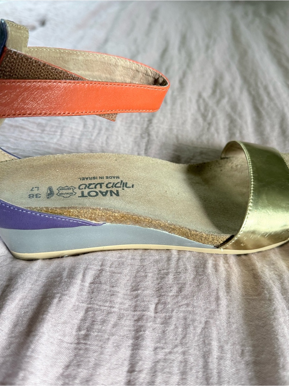 Naot Multicolor Leather Wedge Sandal in Gold, Orange & Purple